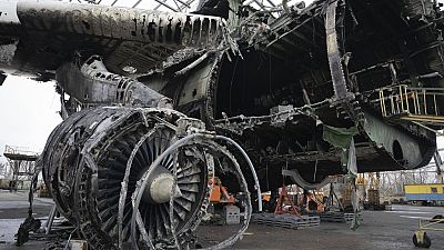 The gutted remains of the Antonov An-225, the world's biggest cargo aircraft, destroyed during fighting between Russian and Ukrainian forces, are seen in Hostomel.