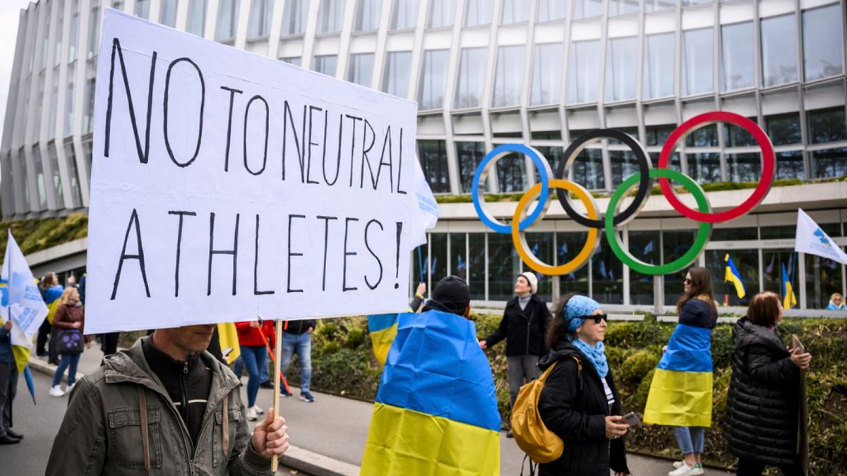 Protest in front of the IOC headquarters, in Lausanne, Switzerland, Saturday, March 25, 2023. 