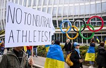 Protest in front of the IOC headquarters, in Lausanne, Switzerland, Saturday, March 25, 2023.