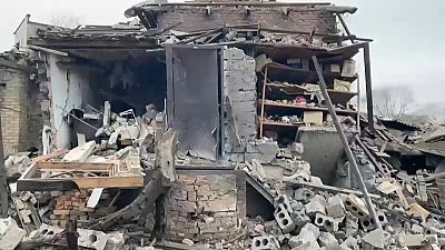 Damaged buildings in Ukrainian city of Kostyantynivka