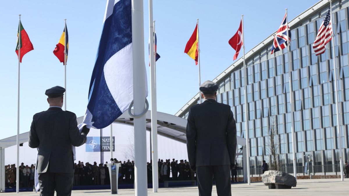 Les drapeaux des pays membres de l'Otan au siège de l'Alliance à Bruxelles (04/03/2023)