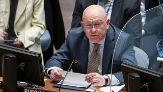 Vasszilij Nebenzia orosz ENSZ-nagykövet a BT ülésén