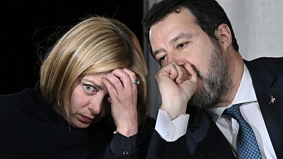 Italy's Prime Minister, Giorgia Meloni and Italy's Deputy Prime Minister and Minister of Infrastructure, Matteo Salvini talk during a press conference on March 9, 2023.