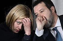 Italy's Prime Minister, Giorgia Meloni and Italy's Deputy Prime Minister and Minister of Infrastructure, Matteo Salvini talk during a press conference on March 9, 2023.   -
