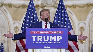 Former President Donald Trump speaks at his Mar-a-Lago estate Tuesday, April 4, 2023, in Palm Beach.