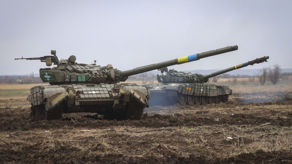 Ukrainian army tanks exercise as soldiers check the readiness of equipment for combat deployment, at a military base in Zaporizhzhia region, Ukraine, Wednesday, Apr. 5, 2023.