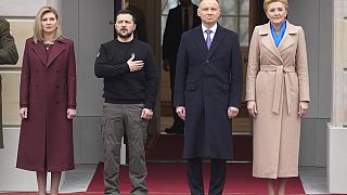 Les présidents ukrainien et polonais et leurs épouses, à Varsovie, le 5 avril 2023