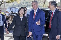 House Speaker Kevin McCarthy welcomes Taiwanese President Tsai Ing-wen as she arrives at the Ronald Reagan Presidential Library in Simi Valley, Calif. Wednesday, April 5, 2023