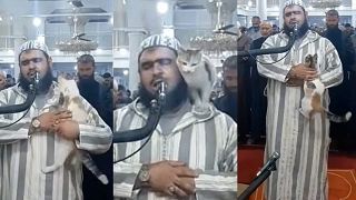 A stray cat yearning for some petting jumped onto an Imam’s shoulder// during a long Ramadan prayer called Tarawih in Algeria.