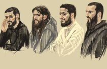 Dibujo de los acusados, juzgados por los atentados de Bruselas