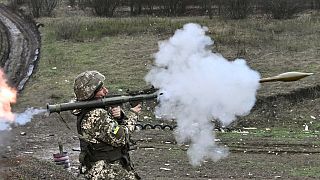 A Ukrainian serviceman fires a rocket-propelleged grenade on April 6, 2023, amid the Russian invasion of Ukraine.