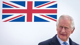 The UK's King Charles III stands in front of the plane after arriving at Berlin Airport in Berlin, Germany, Wednesday.