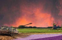 Zusammenschnitt eines Leopard 2 Kampfpanzers in einem Tulpenfeld in den Niederlanden.