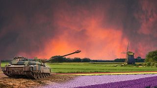 Image composite montrant un char de combat Leopard 2 dans un champ de tulipes aux Pays-Bas 