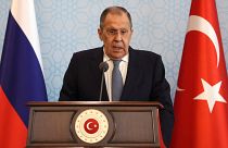 Russian Foreign Minister Sergey Lavrov speaks as the Turkish Foreign Minister listens on during a joint press conference following talks in Ankara on April 7, 2023