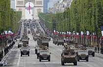 Armored vehicles drive down on the Champs-Elysees avenue during the annual Bastille Day military parade in Paris on July 14, 2021.