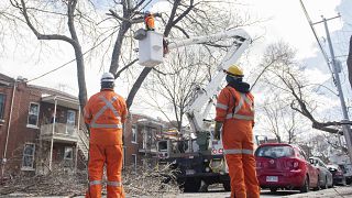 يعمل طاقم من "هيدروكيبيك" على إصلاح خط كهرباء في أعقاب عاصفة ثلجية في مونتريال ، الجمعة 7 أبريل/نيسان 2023.