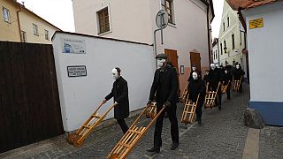 Masked participants at this year's procession in the southern Czech city of Ceske Budejovice.