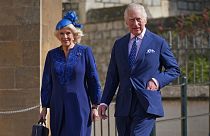 FILE - Britain's King Charles III and Camilla, the Queen Consort attend the Easter Mattins Service at St George's Chapel at Windsor Castle in Windsor, England, Sunday April 9,
