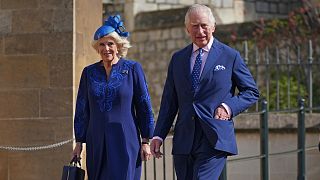FILE - Britain's King Charles III and Camilla, the Queen Consort attend the Easter Mattins Service at St George's Chapel at Windsor Castle in Windsor, England, Sunday April 9,