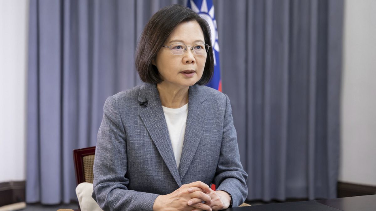 In this photo released by the Taiwan Presidential Office, Taiwan's President Tsai Ing-wen speaks about recent Chinese military drills in Taipei, Taiwan on April 11, 2023.