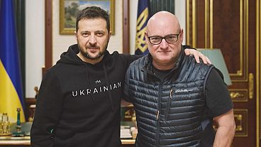 Ukraine's President, Volodymyr Zelenskyy (left) alongside astronaut Scott Joseph Kelly (right) in Kyiv.