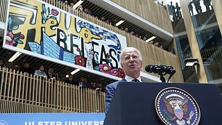 US President Joe Biden speaks at Ulster University in Belfast, Northern Ireland