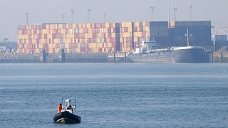 A view of shipping containers at the port of Zeebrugge, Belgium, Tuesday, Feb. 14, 2023.
