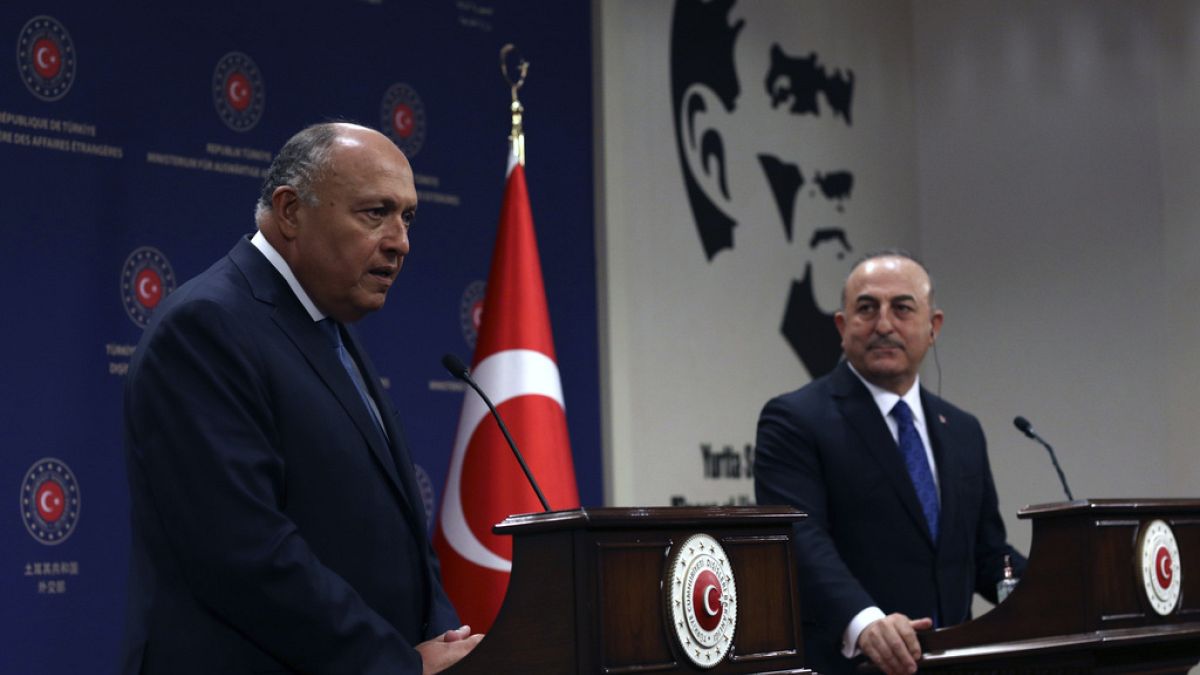Οι υπουργοί Εξωτερικών Αιγύπτου και Τουρκίας, Σούκρι και Τσαβούσογλου, κατά τη συνάντησή τους στην Άγκυρα