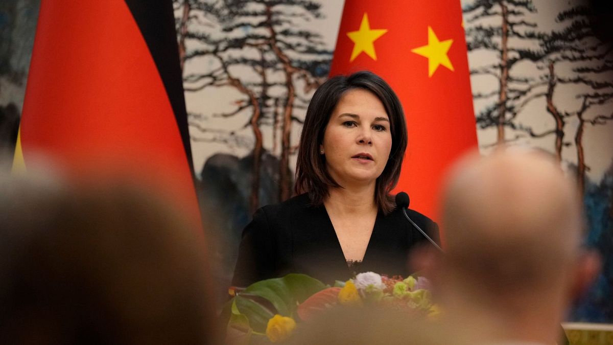 German Foreign Minister Annalena Baerbock speaks during a joint press conference with Chinese Foreign Minister Qin Gang at the Diaoyutai State Guesthouse in Beijing Friday.