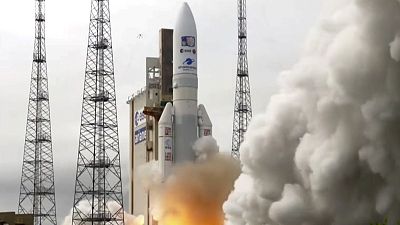 n Ariane rocket carrying the robotic explorer Juice takes off from Europe's Spaceport in French Guiana, Friday, April 14, 2023.