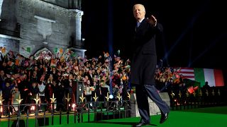 President Joe Biden waves as he departs after speaking outside St. Muredach's Cathedral in Ballina, Ireland, Friday, April 14, 2023