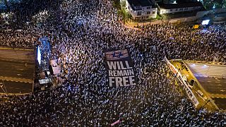Tens of thousands of Israeli protest against plans by Prime Minister Benjamin Netanyahu's government to overhaul the judicial system in Tel Aviv, Israel, Saturday, April 15, 2