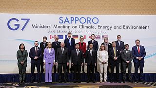 G-7 ministers on climate, energy and environment pose for a photo during its photo session in Sapporo, northern Japan, Saturday, April 15, 2023.