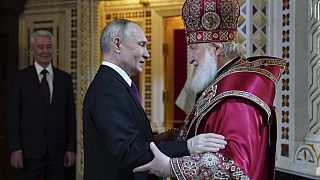 Russian Orthodox Church Patriarch Kirill greets Russian President Vladimir Putin