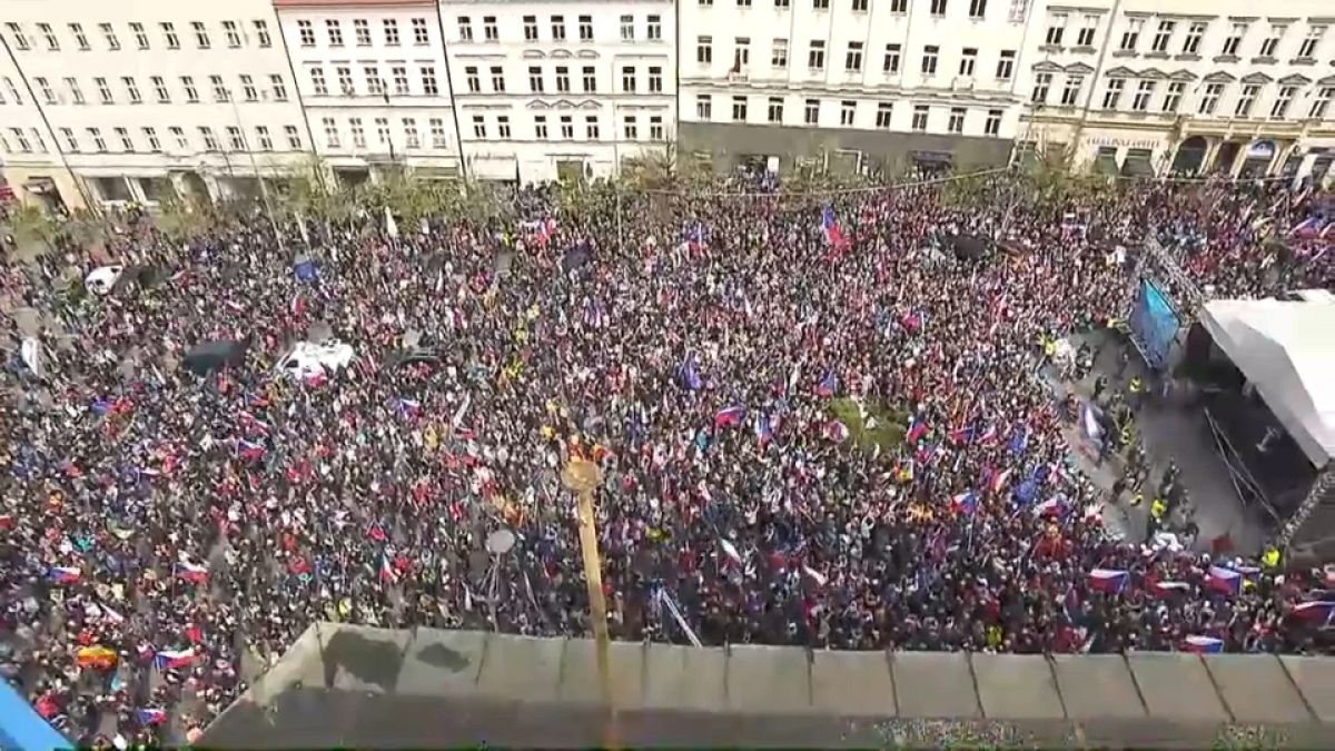Protestors at Prague's Wenceslas Square