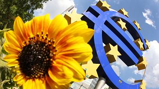 FILE - The July 5, 2012 file photo shows a sunflower sitting in front of the Euro sculpture in Frankfurt, Germany.
