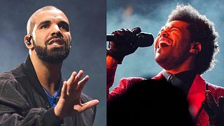 Drake performs onstage in Toronto on Oct. 8, 2016, left, and The Weeknd performs during the halftime show of the NFL Super Bowl 55 football game on Feb. 7, 2021.