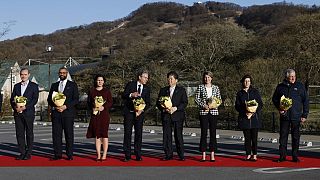 A welcoming ceremony for G7 Foreign Ministers' meeting in Karuizawa on April 16, 2023.