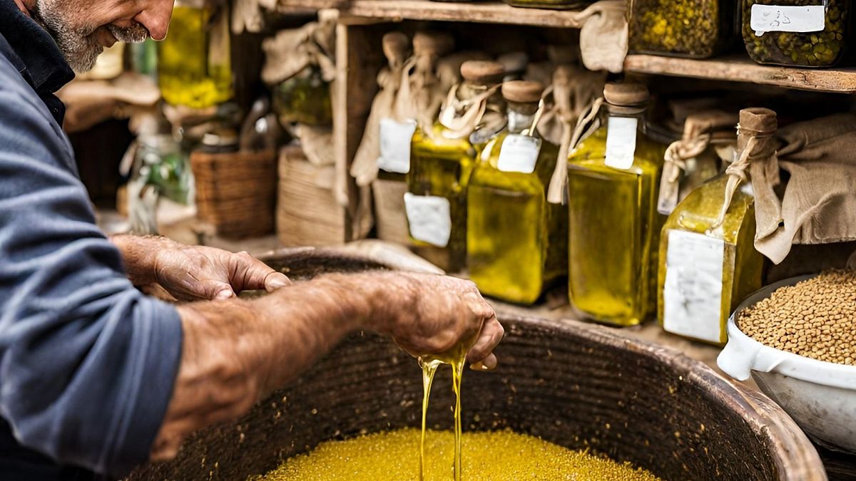 Сгенерированное искусственным интеллектом изображение показывает воображаемого продавца, смешивающего косточки оливок с оливковым маслом