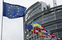 Strazburg'da bulunan Avrupa Parlamentosu binası önünde dalgalanan AB ve üye ülkelerin bayrakları