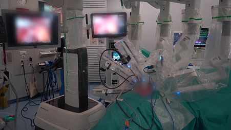 Medical staff from Vall d'Hebron University Hospital conducts a robotic lung operation only with the use of endoscopy, in Barcelona, Spain.