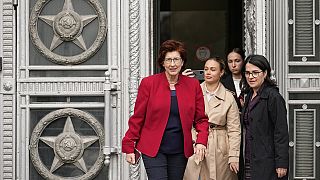 Canada's ambassador to Russia Alison LeClaire leaves the Russian Foreign affairs ministry in Moscow, Russia, Tuesday, April 18, 2023.