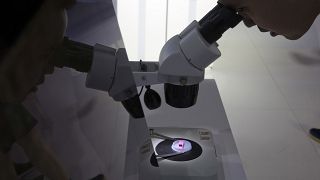Посетитель 21-й Китайской международной выставки высоких технологий в Пекине смотрит на компьютерный чип через микроскоп