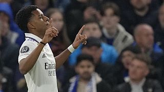 A Real Madrid Rodrygo (képünkön) két góljával nyert Londonban a Chelsea elleni BL-mérkőzésen.