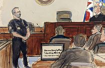 This artist sketch depicts Judge Eric Davis telling the jury they are dismissed after Fox News and Dominion Voting Systems settled. 