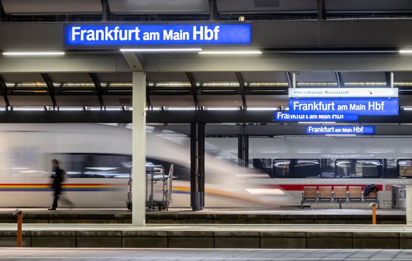 A train arrives in the central station in Frankfurt, Germany, Wednesday, Jan. 24, 2024