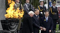 Les présidents israélien Isaac Herzog et allemand Frank-Walter Steinmeier, accompagnés de leur homologue polonais Andrzej Duda à Varsovie le 19 avril 2023