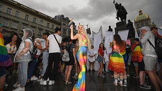 People take part in the Prague Pride Parade in the centre of Prague, Czech Republic. Aug. 10, 2019.