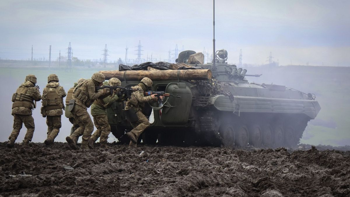 Ukrainian soldiers during training at the frontline in Donetsk region, Ukraine, Saturday, April 15, 2023. 